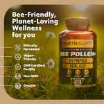 Close-up of Earth Elixir bee pollen dietary supplement bottle showing clean product labeling.