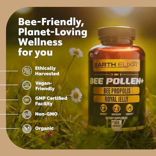 Close-up of Earth Elixir bee pollen dietary supplement bottle showing clean product labeling.