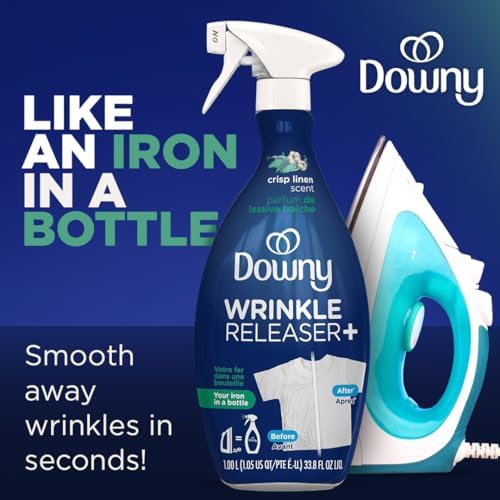 All-in-one fabric wrinkle remover bottle showing crisp linen scent text