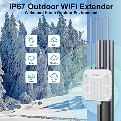 WAVLINK IP67 weatherproof signal booster undergoing simulated heavy rain testing to demonstrate water resistant network protection.
