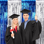 Three pack blue and silver tinsel backdrop curtains for graduation party