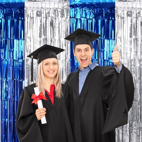 Three pack blue and silver tinsel backdrop curtains for graduation party