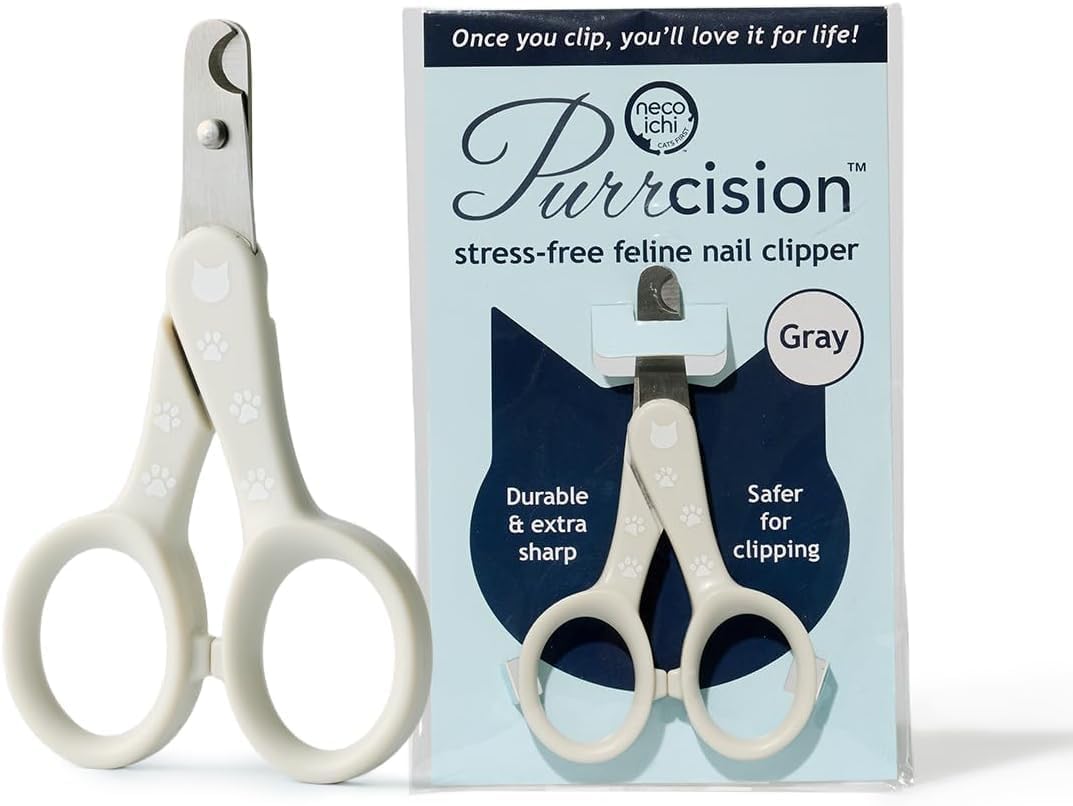 Necoichi Purrcision feline nail clippers in gray showing the front view for safe cat grooming.