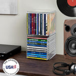 Two pack of STORi clear acrylic compact disc holder cubes stacked vertically showcasing secure anti slip circular feet design