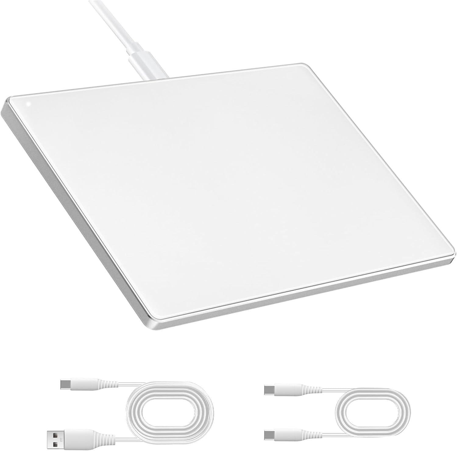 Tacti Trix Wired Trackpad front view showing the smooth white tempered glass surface on a desktop