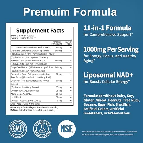 JuvaNutra NAD Supplement 11-in-1 formula benefits infographic