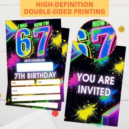 Eronm 7th Birthday Invitations set showcasing the 20 cards alongside the included white envelopes