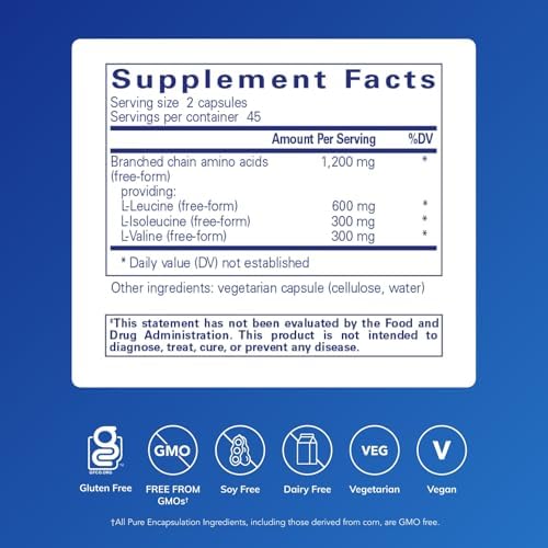 Pure Encapsulations 90 capsules branched chain amino acids supplement label
