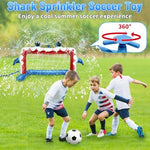 Children playing with the Intoypad water sprinkler soccer game outside.