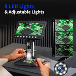 Winwend 1200X digital microscope showing the adjustable height metal stand and built in LED controls