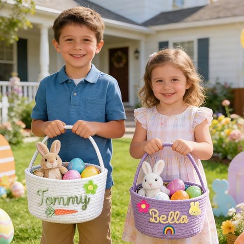 Poschnor pink cotton rope storage organizer filled with holiday treats and colorful eggs for children