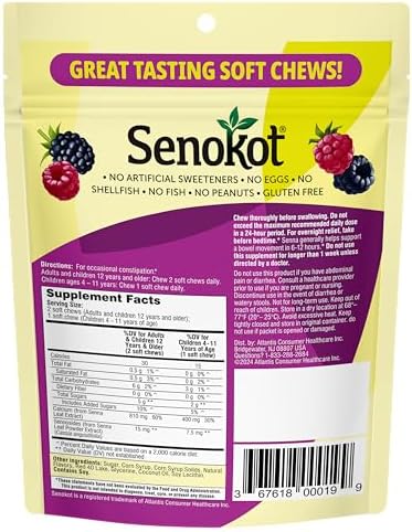 Senokot mixed berry chewable laxative packaging displaying overnight constipation relief benefits.
