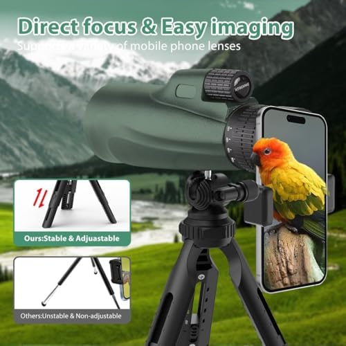 Complete product kit of the KTBDING monocular telescope including the tripod smartphone mount and protective gear