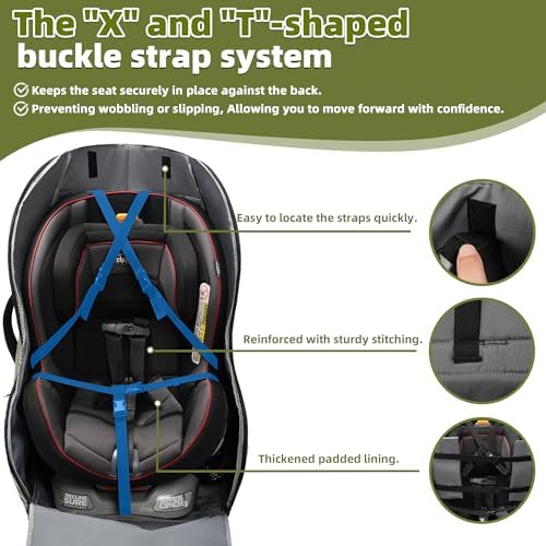 Parent wearing DerBiedersinn car seat travel bag at airport