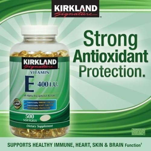 Kirkland Signature Vitamin E 180 mg dietary supplement bottle showing ingredient and USP verified labels