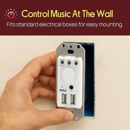 Pyle dual USB charging port in wall receiver installed on a sleek white room wall