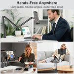 TeQable adjustable tablet arm mount folded compactly against a desk surface to show space saving functionality.