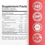 Back label of ReviNutra vegan iron chewables detailing the calcium zinc and folate percentages.