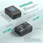 FirstPower V-Lock Battery showing dual D-TAP and USB-C ports for high-capacity charging.