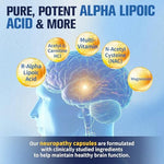 Femmetra R-Alpha Lipoic Acid 1200 milligrams bottle showcasing brain health benefits.