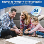 Back view of a one thousand piece jigsaw puzzle reinforced with overlapping clear transparent adhesive backing sheets