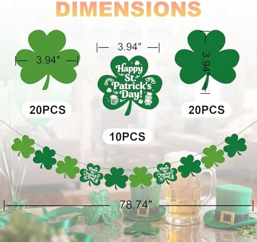 Zerobe pre assembled shamrock hanging banner pack displayed beautifully against an office wall backdrop for seasonal party decorations.