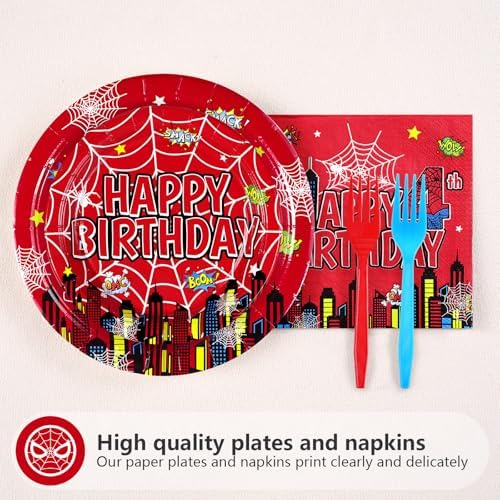 Spider themed 4th birthday party napkin and fork set