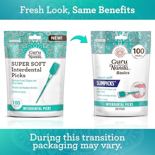 GuruNanda flexible rubber dental floss picks being held to show non-slip grip handle