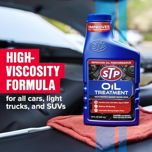 Close up of STP High Viscosity Oil Treatment branding and packaging