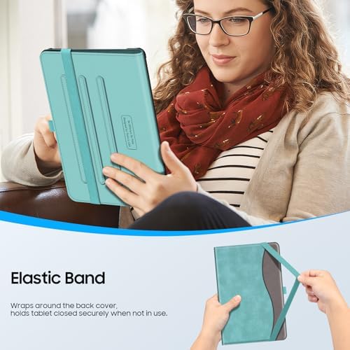 Lifestyle shot of the USA imported Fintie turquoise smart folio cover on an off-set angle.