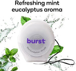 BURST expanding dental floss box packaging detailing vegan and paraben free features