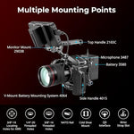 Durable metal video rig showing open access to battery compartment and ports