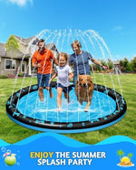High angle shot of the spacious round blue sprinkler mat creating high fountain jets under summer sun