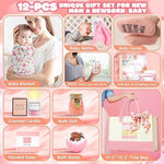 Fortuning's JDS newborn gift set highlighting the organic cotton swaddle blanket and pink rabbit plush rattle.