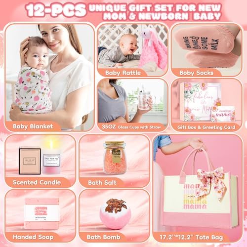 Fortuning's JDS newborn gift set highlighting the organic cotton swaddle blanket and pink rabbit plush rattle.