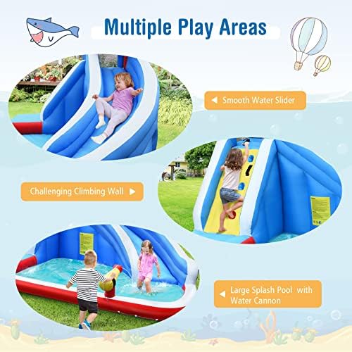 Children playing on Honey Joy shark inflatable water park climbing wall