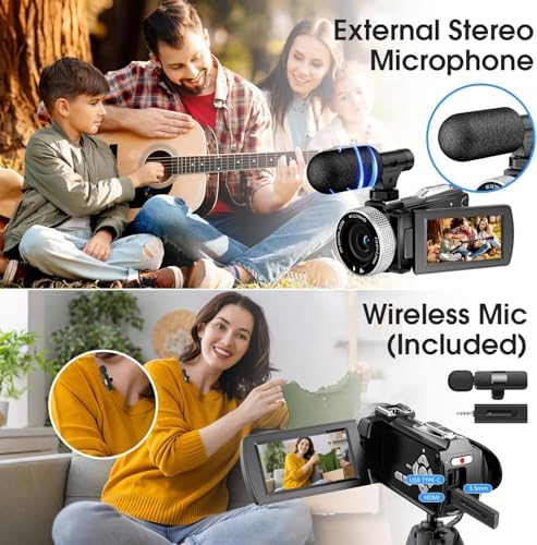 4K Ultra HD Video Camera Camcorder 48MP Digital Recorder with Wireless Lavalier Microphone for Vlogging YouTube Travel,18X Digital Zoom Camcorder with Remote, 32GB Card - Image 3