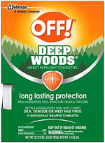 Individually wrapped OFF! Deep Woods bug wipes showing twenty-five percent DEET formula details.