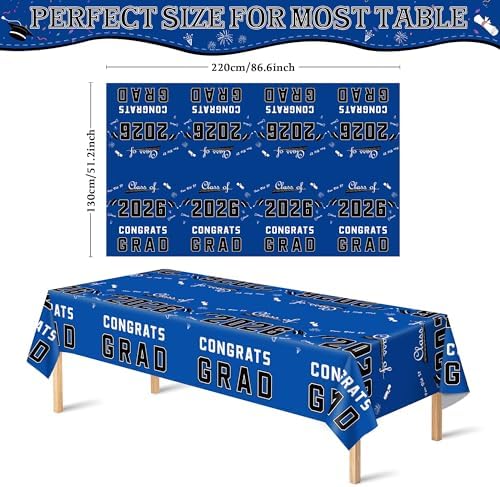 Close up view of Class of 2026 and Congrats Grad print on blue plastic tablecloth