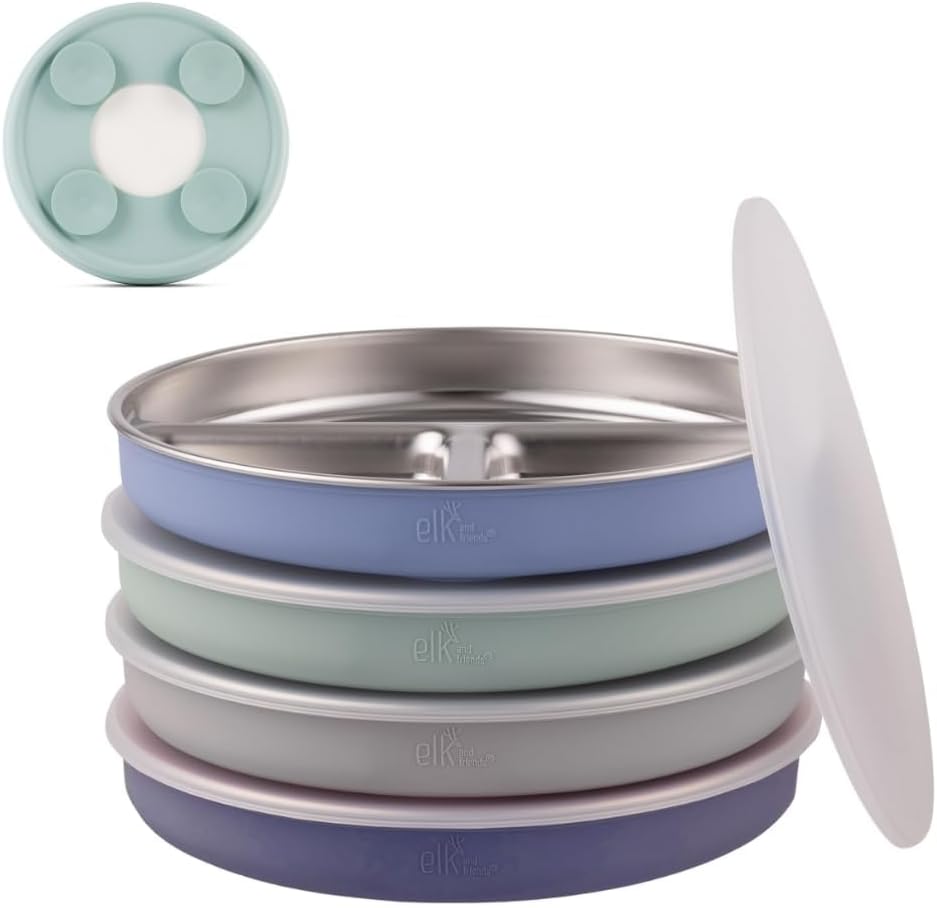 Elk and Friends stainless steel divided toddler plates set of 4 front view
