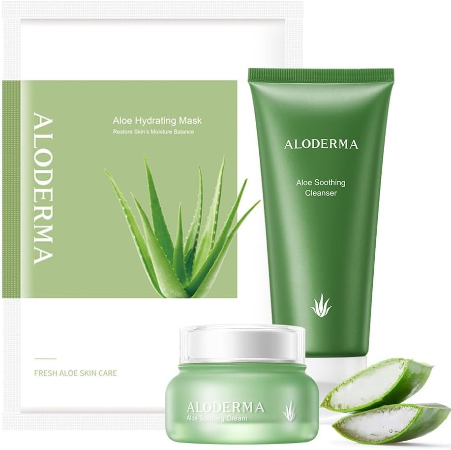 Aloderma Pure Aloe Soothing Set 3-Piece Set front view showing cleanser tube cream jar and mask packaging
