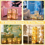 Close up look at clear gender reveal decoration blocks with warm fairy lights glowing inside