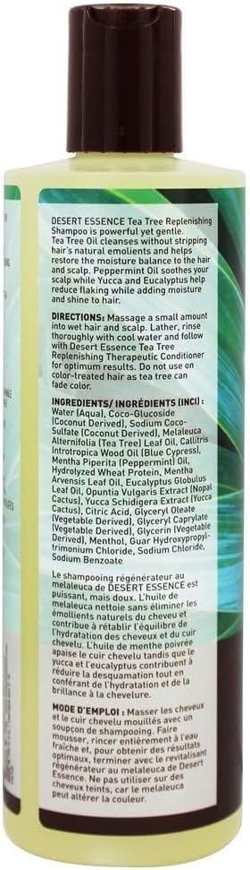 Desert Essence tea tree replenishing shampoo texture and cap display
