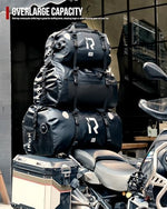 Iron Jia's fifty liter riding bag with the detachable padded shoulder strap attached for carrying
