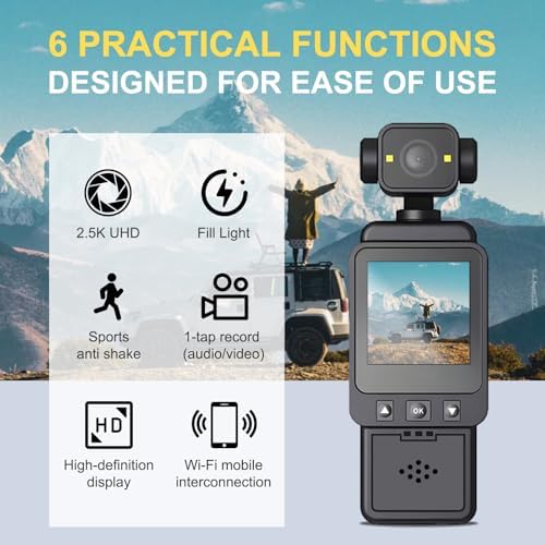 Handheld pocket camcorder with WiFi showing the live monitor screen and control buttons