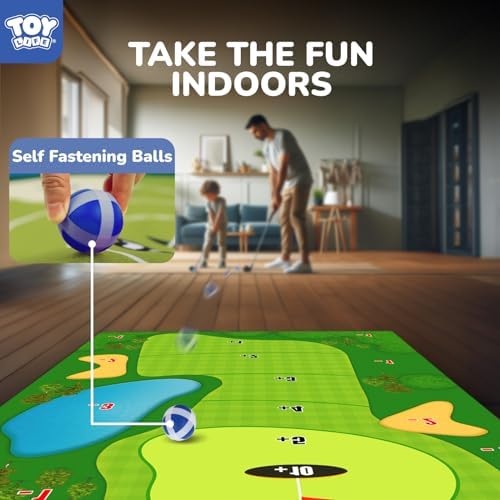 Family playing with Toy Life golf practice mat outdoors