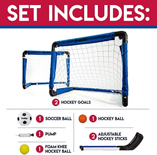 Franklin Sports kids indoor goal set with adjustable hockey sticks and soccer ball accessories