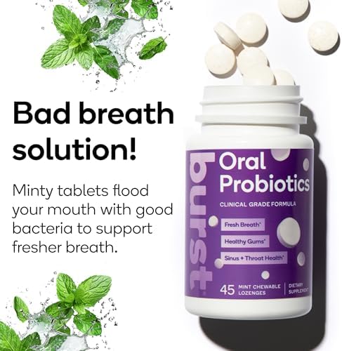 Burst Oral Probiotics chewable mint tablets for gum health and immune support.