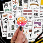 Close up view of vintage style grunge music stickers