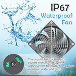 GDSTIME IP67 rated computer fan being sprayed with water to demonstrate its dustproof and moisture-resistant design.